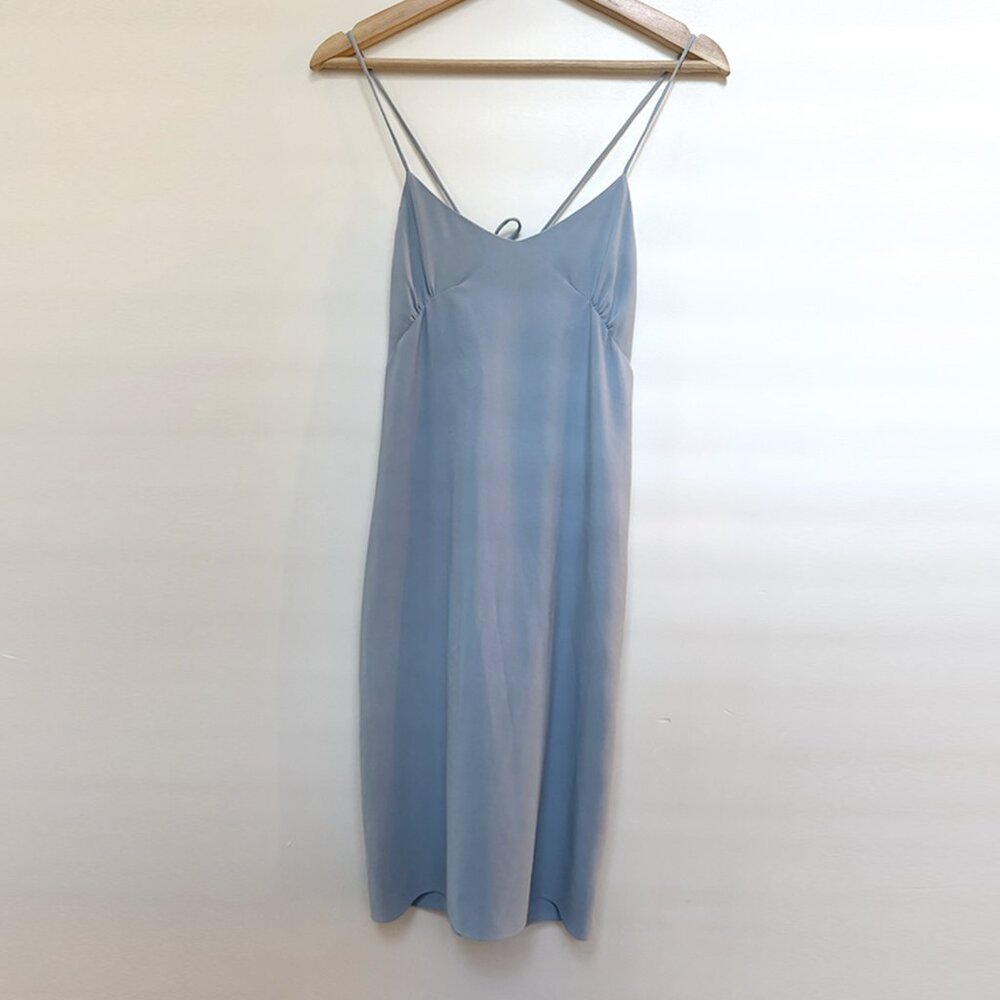 OAK + FORT Blue Satin Midi Slip Dress – Adjustable Tie-Back, Size Small